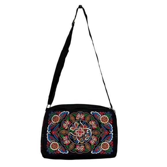 Boho Embroidered Crossbody Bag Multicolor Floral Festival Purse Black Ethnic - Picture 1 of 14